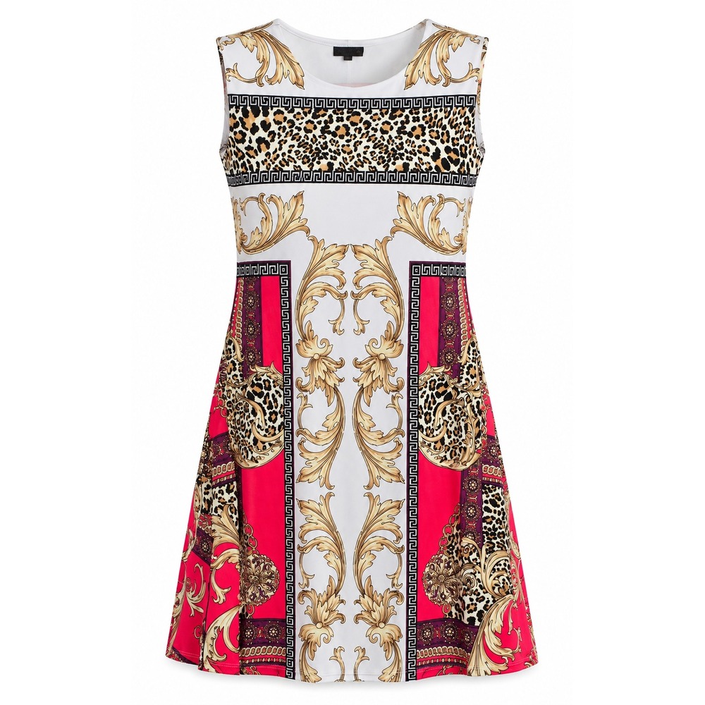 Eva Varro Dress M Red White Baroque Leopard Print Sleeveless A-Line Stretch